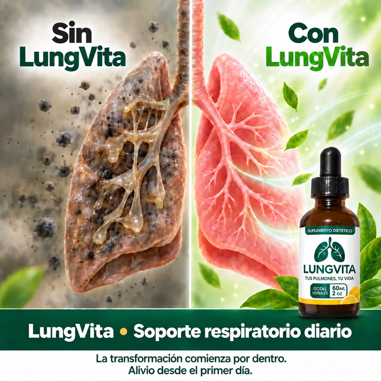 Comparación: una vía respiratoria obstruida y cubierta de mucosidad endurecida frente a una vía respiratoria limpia y despejada con LungVita